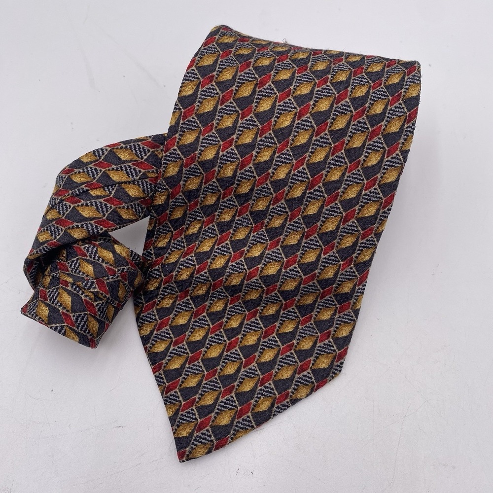 ERMENEGILDO ZEGNA Men's 100% Silk Necktie ITALY Luxury Geometric Gold/Red EUC